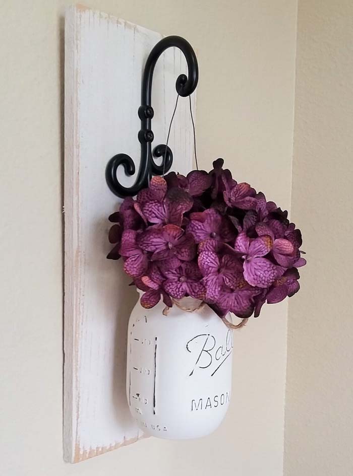 Фиолетовый цветок побеленный Мейсон банку Настенный декор #masonjarlights #masonjar #decorhomeideas