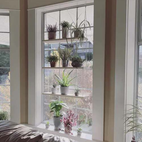 Вертикальная оконная полка в спальню # подоконник # растения #decorhomeideas