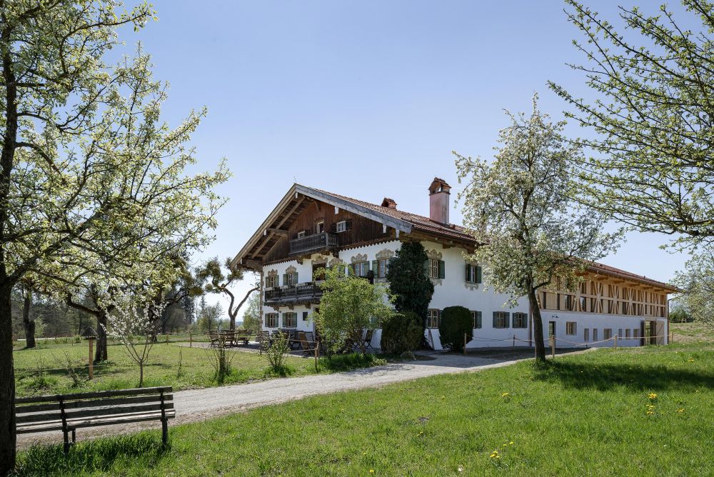 Реконструированный фермерский дом расположен посреди красивой поляны в окружении большого количества зелени.