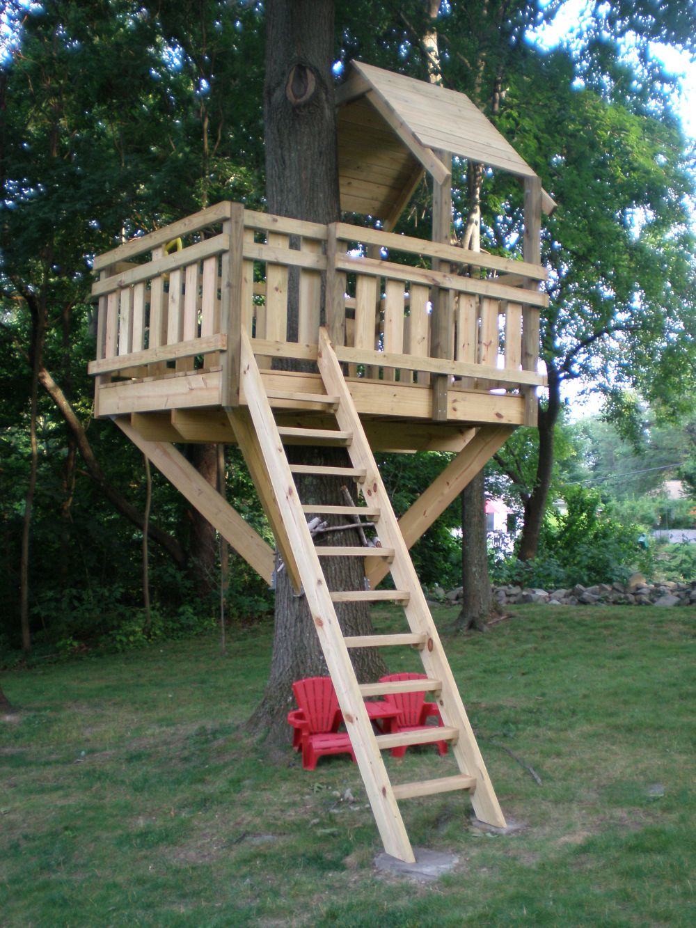 Небольшой и простой домик на дереве с лестницей для доступа